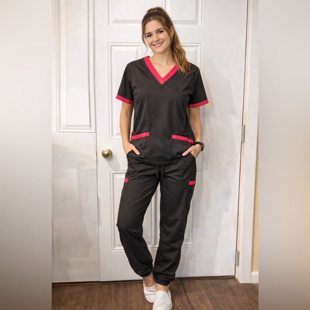 Black & Pink Medical Scrub Set | Nursing Uniform | V-Neck Top + Pants 2X or XXL